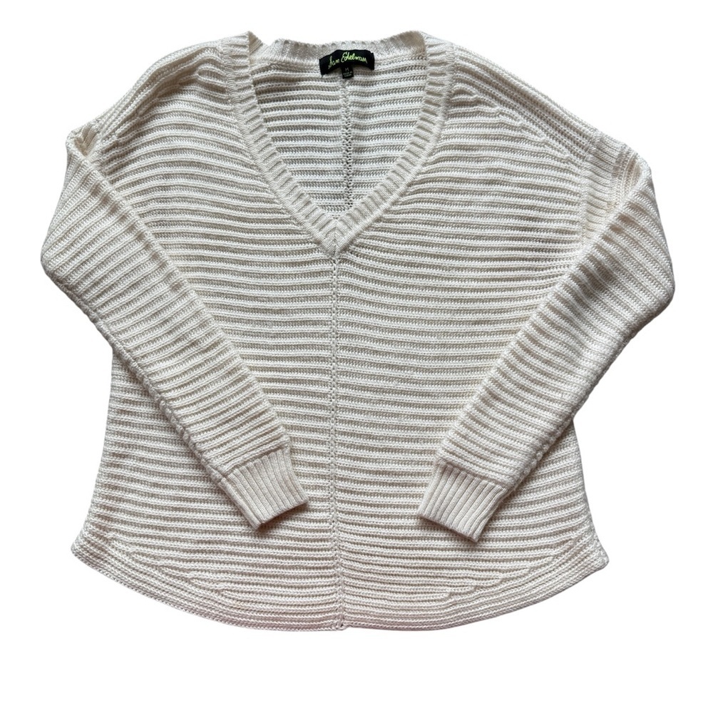 Sam Edelman Sweater Womens Size M Ivory Ribbed Knit V-Neck Pullover Minimalist